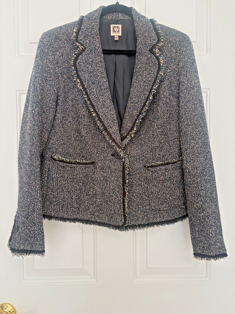 Anne Klein Women’s Tweed Blazer Fringe Trim Navy White Black Career Jacket 10